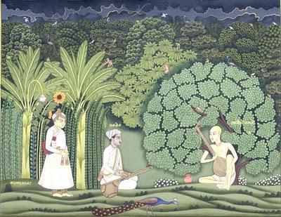 Akbar, Tansen and Swami Haridas in Vrindavan - Jaipur-Kishangarh mixed style, ca. 1750