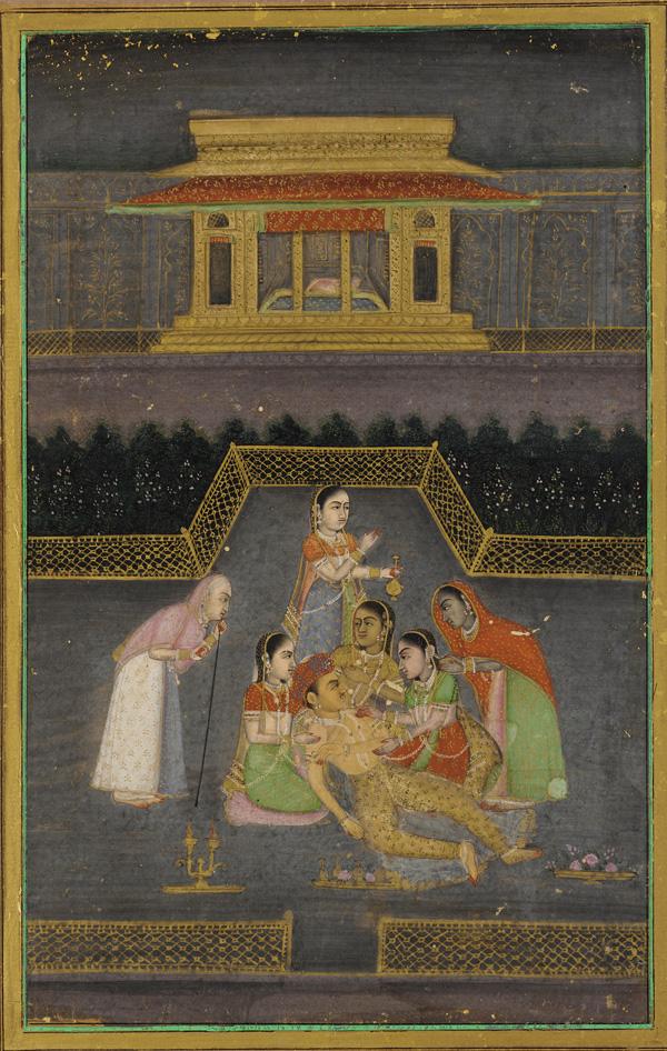 A Sick man is surrounded by his family - 18th Century Mughal Painting