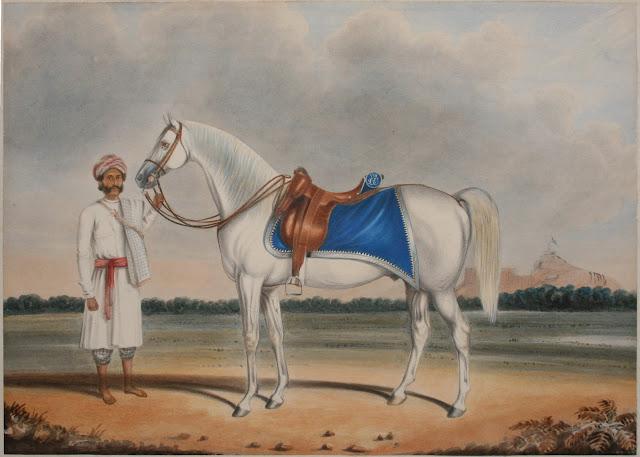 A syce (groom) stands with an officer's horse from the 8th Madras Light Cavalry, a background with bare rocky landscape and fort at Trichinoply - c1840