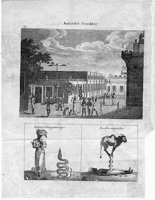 Indian Acrobats and street performers - a German print, 1700's