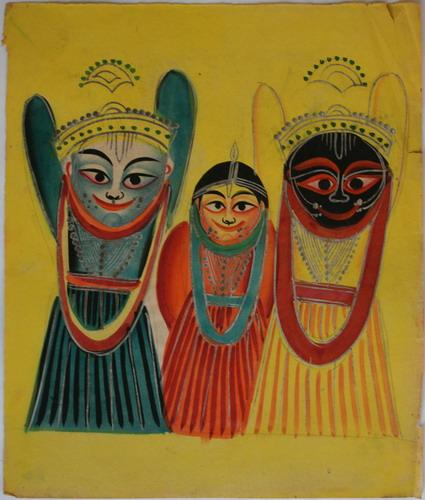 Jagannath, Balabhadra and Subhadra - 19th Century Kalighat Painting