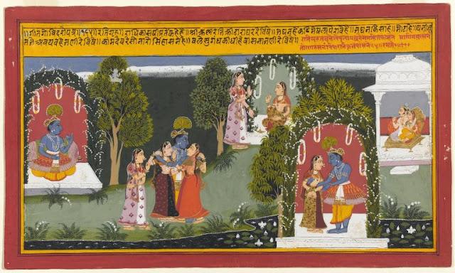 Kama (Indian God of Love) and his wife Rati Witness the Reunion of Krishna and Radha, Page from a Gita Govinda Series Mewar - ca. 1714