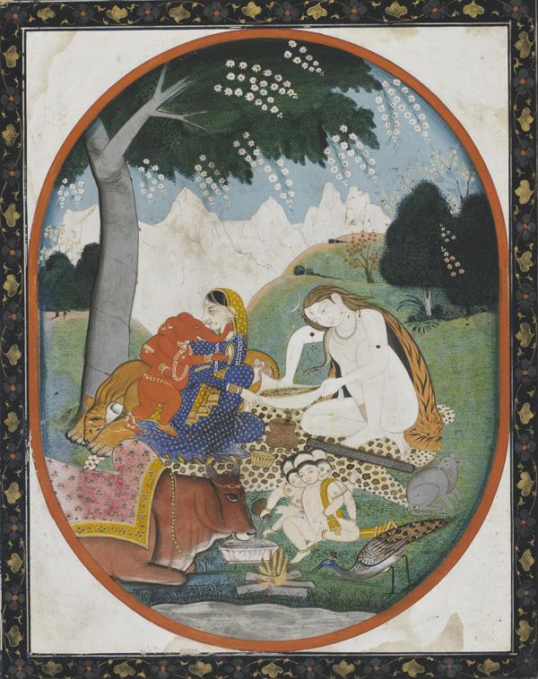 Shiva and Parvati with their sons Ganesha and Kartikeya - early 19th century, Kangra, Pahari Hills, India