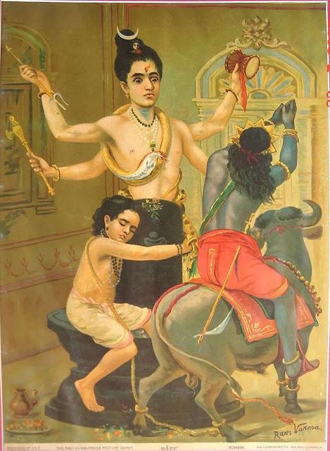 Shiva defends his devotee Markandeya from Yama - Ravi Varma Press 1910's