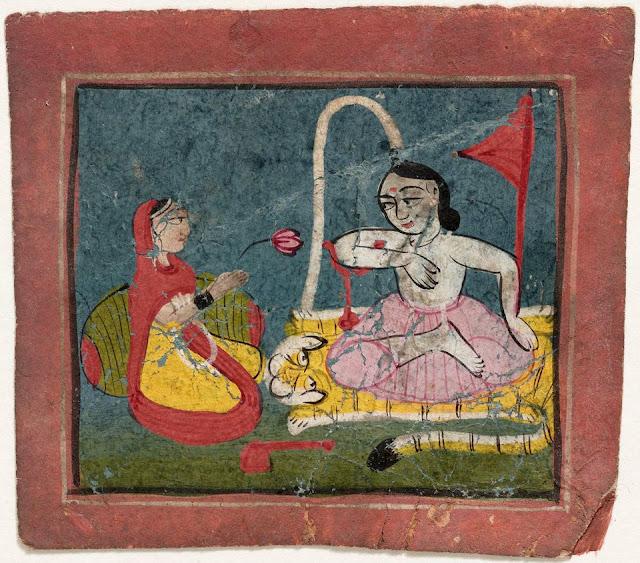 Shiva Seated on a Tiger Skin, the Ganges Falling from his Hair. Parvati Seated in an Attitude of Worship, with a Lotus - Rajput Painting 19th Century
