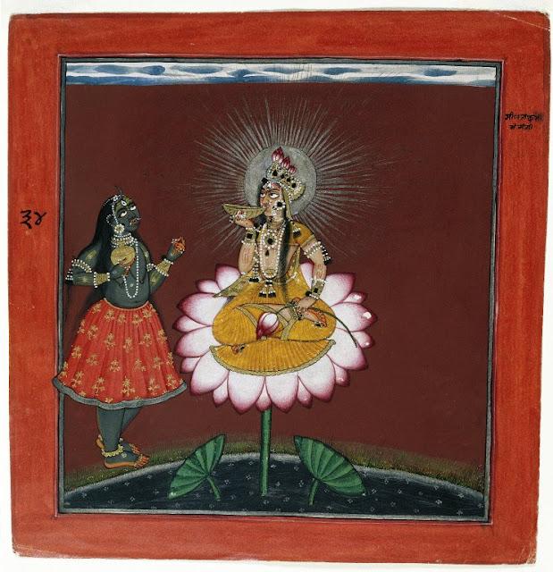 Siddha Lakhsmi with Kali - 17th Century Basholi Painting, Punjab Hills India
