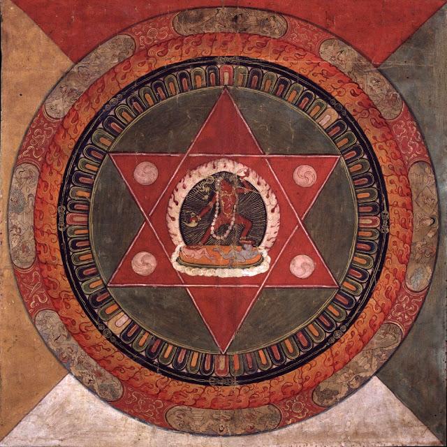Tibetan mandala of the Naropa tradition. Vajrayogini stands in the center of two crossed red triangles - 19th Century